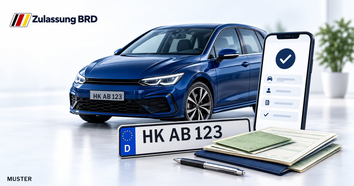 Online Fahrzeugzulassung in Walsrode: Musterkennzeichen HK AB 123, Auto und Fahrzeugpapiere und Smartphone. Illustration mit Logo von Zulassung BRD.